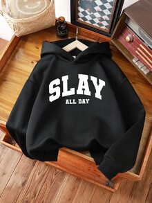 青少年女孩 SLAY ALL DAY 字母印花運動衫，返校季黑白配色秋季街頭風休閒秋冬六年級學生款 - 黑色 - 查看 3