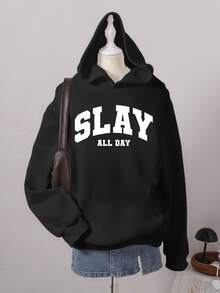 青少年女孩 SLAY ALL DAY 字母印花運動衫，返校季黑白配色秋季街頭風休閒秋冬六年級學生款 - 黑色 - 查看 6