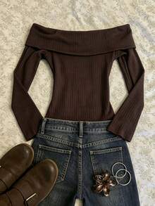 IslaSuriya Ribbed Slim Fit Off-Shoulder Long Sleeve Top - Brown - View 2