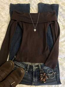 IslaSuriya Ribbed Slim Fit Off-Shoulder Long Sleeve Top - Brown - View 3