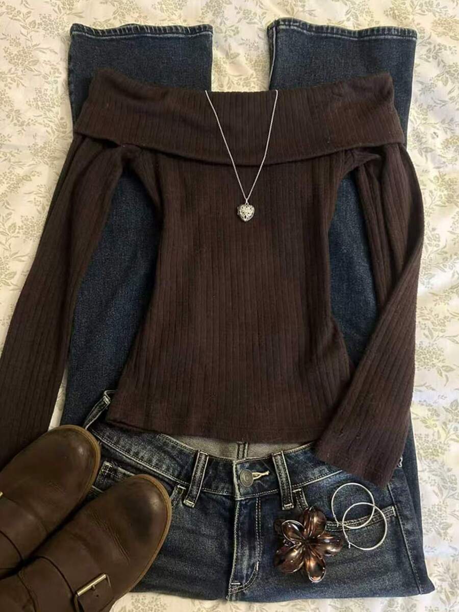 IslaSuriya Ribbed Slim Fit Off-Shoulder Long Sleeve Top - Brown - View 1