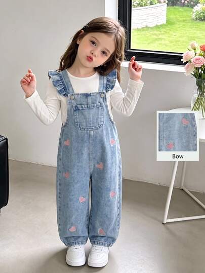 SHEIN Genkimix Kids Girls' Light Blue Denim Overalls, Flutter Sleeve Pink Heart Embroidery, Loose Straight Leg, Autumn Fall School