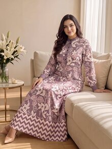 SHEIN Najma 大尺碼女款度假花卉印花長袖半開襟鈕扣連身裙 灰粉色 秋冬休閒優雅正式款 - 彩色 - 查看 7