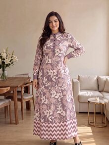 SHEIN Najma 大尺碼女款度假花卉印花長袖半開襟鈕扣連身裙 灰粉色 秋冬休閒優雅正式款 - 彩色 - 查看 8