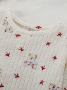 1 Set Teen Girls Home Wear Set White Flannel Striped Teddy Bear Red Bow Full Print Long Sleeve Long Pants SoftFleece-Lined And Thickened Autumn/Winter - Multicolor - View 5