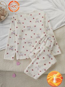1 Set Teen Girls Home Wear Set White Flannel Striped Teddy Bear Red Bow Full Print Long Sleeve Long Pants SoftFleece-Lined And Thickened Autumn/Winter - Multicolor - View 2