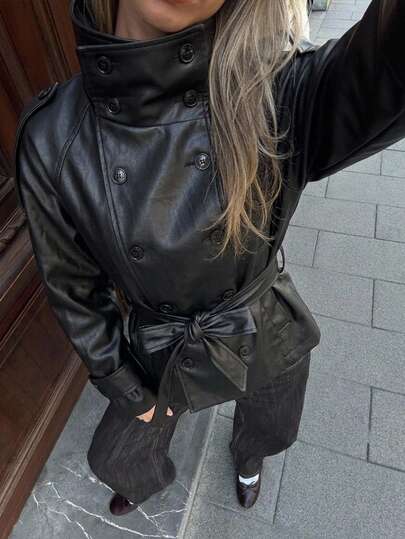 Muchica Black Woven Women's Double-Breasted PU Leather Trench Coat