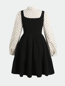 SHEIN Tween Girl 2合1黑色長袖領口連身裙，附蝴蝶結，學院風制服，適合返校季、萬聖節/聖誕派對 - 黑與白 - 查看 5