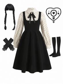 SHEIN Tween Girl 2合1黑色長袖領口連身裙，附蝴蝶結，學院風制服，適合返校季、萬聖節/聖誕派對 - 黑與白 - 查看 3