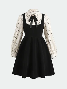 SHEIN Tween Girl 2合1黑色長袖領口連身裙，附蝴蝶結，學院風制服，適合返校季、萬聖節/聖誕派對 - 黑與白 - 查看 4