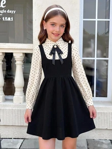 SHEIN Tween Girl 2合1黑色長袖領口連身裙，附蝴蝶結，學院風制服，適合返校季、萬聖節/聖誕派對 - 黑與白 - 查看 8