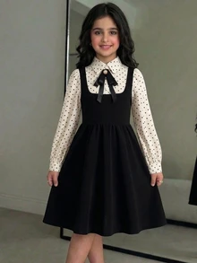SHEIN Tween Girl 2合1黑色長袖領口連身裙，附蝴蝶結，學院風制服，適合返校季、萬聖節/聖誕派對 - 黑與白 - 查看 6