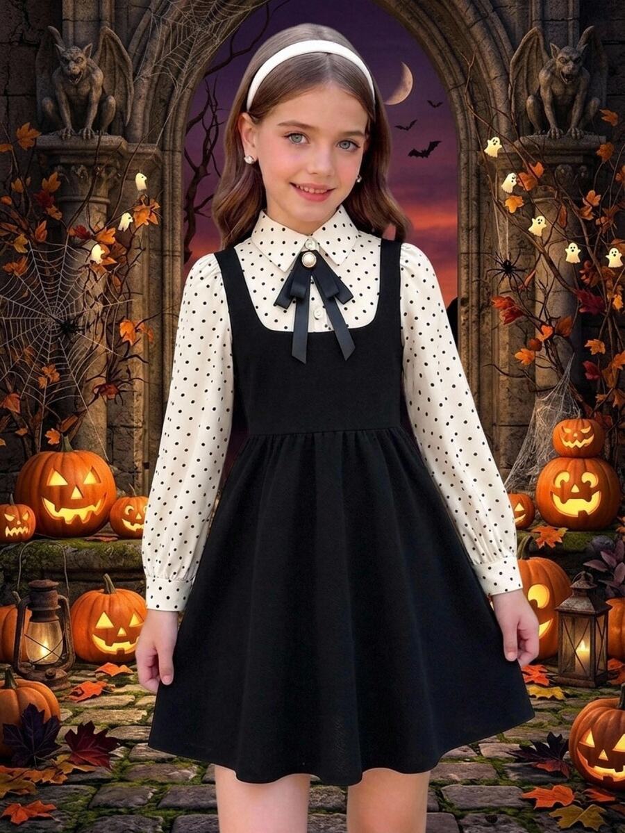 SHEIN Tween Girl 2合1黑色長袖領口連身裙，附蝴蝶結，學院風制服，適合返校季、萬聖節/聖誕派對