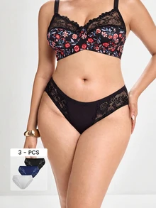 Slumbrini 3pcs Set Romantic Style Comfortable Plus Size Women Contrast Lace Cotton Briefs - Multicolor - View 1