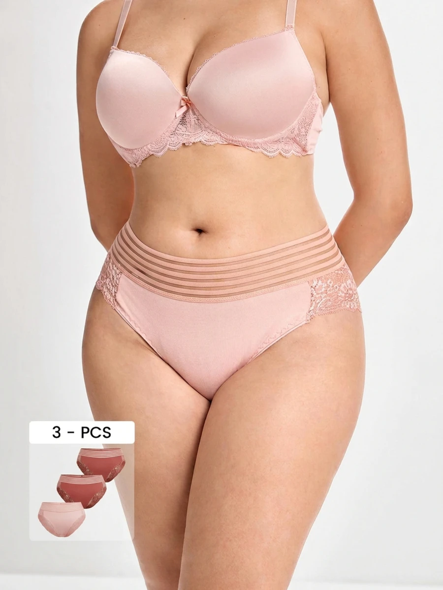 3pcs/Pack Solid Color Lace Trim Elastic Plus Size Women Panties - Multicolor - View 1
