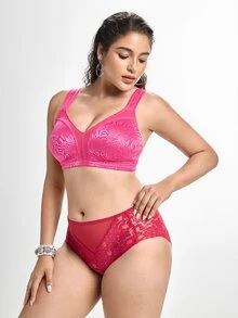 Slumbrini Bra Tanpa Jahitan Ukuran Besar, Kain Jacquard Lembut, Tali Lebar, Cakupan Penuh, Nyaman untuk Pemakaian Sehari-hari, Cocok untuk Wanita Berlekuk Tubuh - Rose Red - View 5