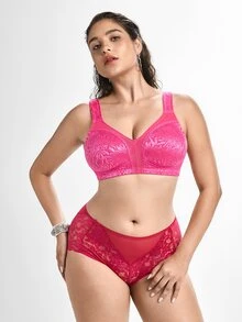 Slumbrini Bra Tanpa Jahitan Ukuran Besar, Kain Jacquard Lembut, Tali Lebar, Cakupan Penuh, Nyaman untuk Pemakaian Sehari-hari, Cocok untuk Wanita Berlekuk Tubuh - Rose Red - View 9