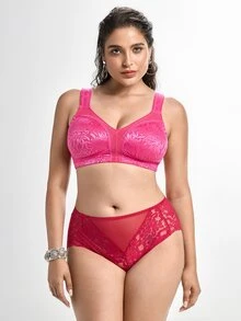 Slumbrini Bra Tanpa Jahitan Ukuran Besar, Kain Jacquard Lembut, Tali Lebar, Cakupan Penuh, Nyaman untuk Pemakaian Sehari-hari, Cocok untuk Wanita Berlekuk Tubuh - Rose Red - View 6