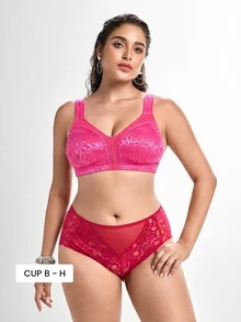 Slumbrini Bra Tanpa Jahitan Ukuran Besar, Kain Jacquard Lembut, Tali Lebar, Cakupan Penuh, Nyaman untuk Pemakaian Sehari-hari, Cocok untuk Wanita Berlekuk Tubuh - Rose Red - View 2
