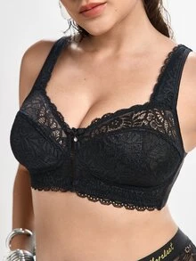 Slumbrini 1pc Casual Comfortable Plus Size Women's Bra With Lace Patchwork, Wireless Soft Comfortable Lingerie - Black - View 6