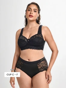 Slumbrini 1pc Casual Comfortable Plus Size Women's Bra With Lace Patchwork, Wireless Soft Comfortable Lingerie - Black - View 1
