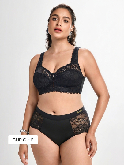 Slumbrini 1pc Casual Comfortable Plus Size Women's Bra With Lace Patchwork, Wireless Soft Comfortable Lingerie