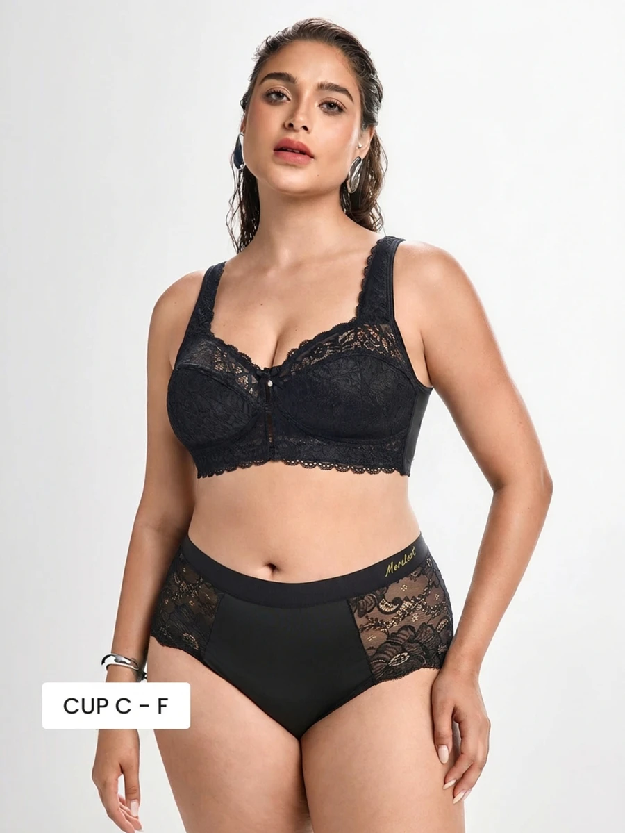 Slumbrini 1pc Casual Comfortable Plus Size Women's Bra With Lace Patchwork, Wireless Soft Comfortable Lingerie - Black - View 1