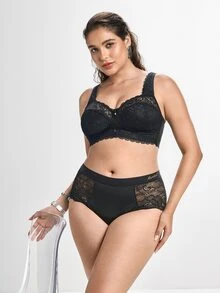 Slumbrini 1pc Casual Comfortable Plus Size Women's Bra With Lace Patchwork, Wireless Soft Comfortable Lingerie - Black - View 8