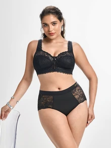 Slumbrini 1pc Casual Comfortable Plus Size Women's Bra With Lace Patchwork, Wireless Soft Comfortable Lingerie - Black - View 7