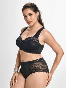 Slumbrini 1pc Casual Comfortable Plus Size Women's Bra With Lace Patchwork, Wireless Soft Comfortable Lingerie - Black - View 5