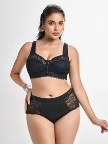 Slumbrini 1pc Casual Comfortable Plus Size Women's Bra With Lace Patchwork, Wireless Soft Comfortable Lingerie - Black - View 3