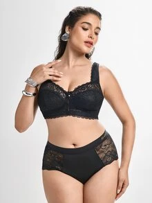 Slumbrini 1pc Casual Comfortable Plus Size Women's Bra With Lace Patchwork, Wireless Soft Comfortable Lingerie - Black - View 4