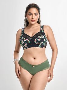 Slumbrini Plus Size Women's Wireless Bra, Breathable Non-Slip Printed Patchwork Lift Up, Adjustable Straps, Seamless For Daily Wear - Black - View 3