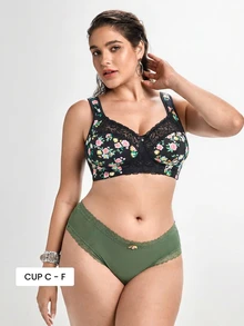 Slumbrini Plus Size Women's Wireless Bra, Breathable Non-Slip Printed Patchwork Lift Up, Adjustable Straps, Seamless For Daily Wear - Black - View 1