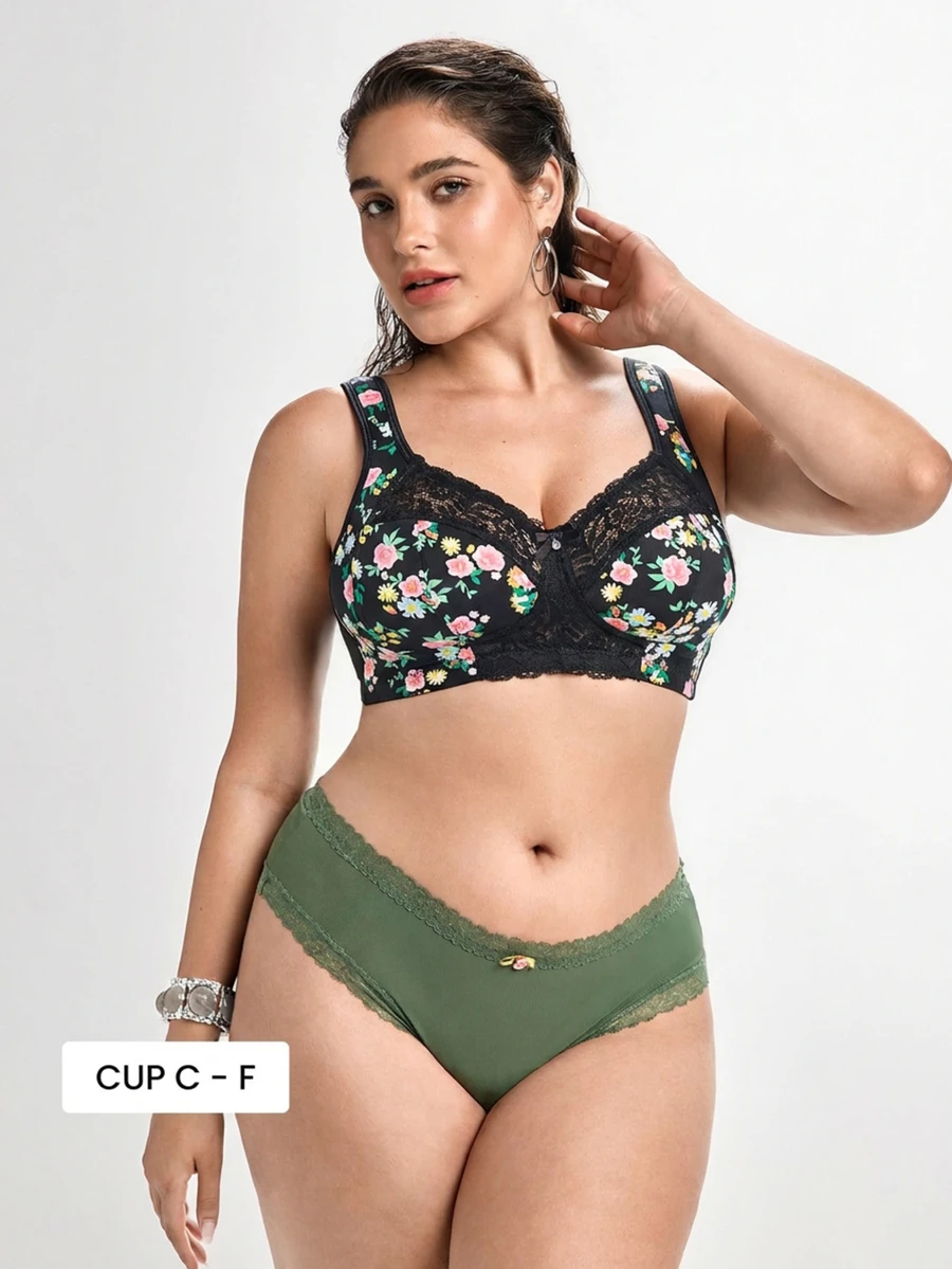 Slumbrini Plus Size Women's Wireless Bra, Breathable Non-Slip Printed Patchwork Lift Up, Adjustable Straps, Seamless For Daily Wear - Black - View 1