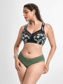 Slumbrini Plus Size Women's Wireless Bra, Breathable Non-Slip Printed Patchwork Lift Up, Adjustable Straps, Seamless For Daily Wear - Black - View 8