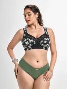 Slumbrini Plus Size Women's Wireless Bra, Breathable Non-Slip Printed Patchwork Lift Up, Adjustable Straps, Seamless For Daily Wear - Black - View 5