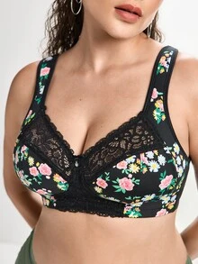 Slumbrini Plus Size Women's Wireless Bra, Breathable Non-Slip Printed Patchwork Lift Up, Adjustable Straps, Seamless For Daily Wear - Black - View 6