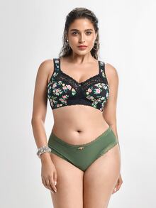 Slumbrini Plus Size Women's Wireless Bra, Breathable Non-Slip Printed Patchwork Lift Up, Adjustable Straps, Seamless For Daily Wear - Black - View 7