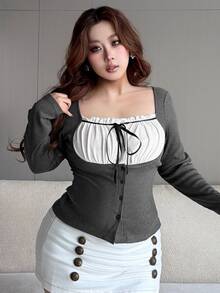 Dazy Plus Kaos Wanita Gaya Seksi dengan Motif Patchwork dan Warna Kontras, Model Kasual untuk Sehari-hari, Cocok untuk Musim Semi dan Gugur. - Dark Grey - View 6