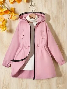 SHEIN Sparklyn Tween Girls Long Sleeve Zip Up (Big) Pink Cinched Waist Hooded Letter Decor Sporty Casual Adjustable Waist Pockets Jacket, Fall Clothes, Fall, Back To - Pink - View 3