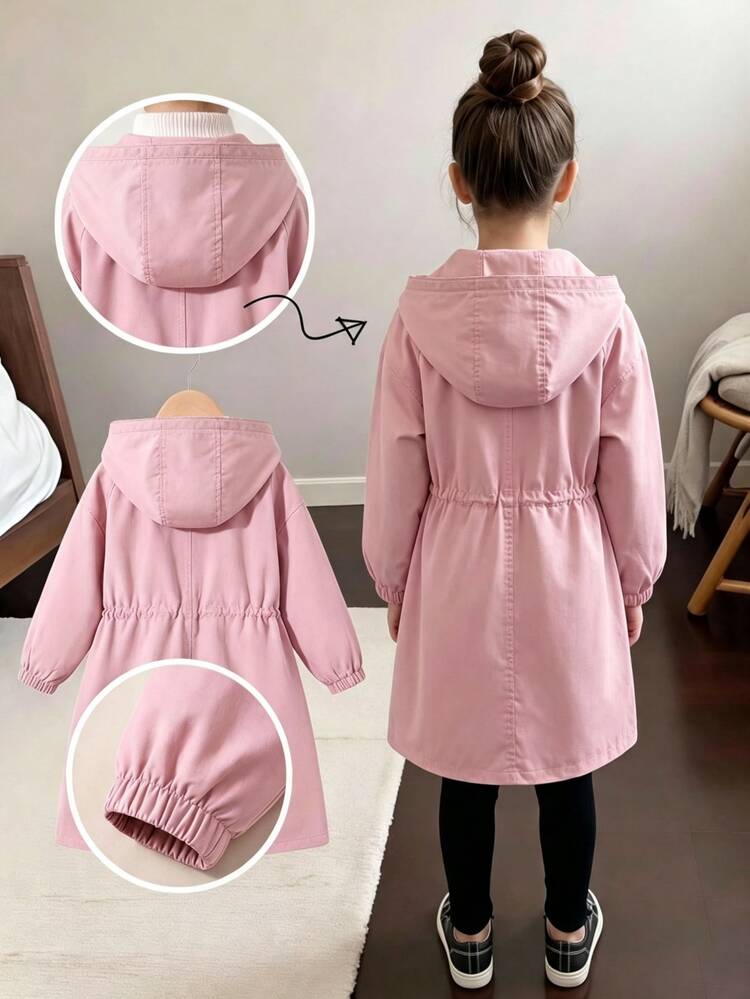 SHEIN Sparklyn Tween Girls Long Sleeve Zip Up (Big) Pink Cinched Waist Hooded Letter Decor Sporty Casual Adjustable Waist Pockets Jacket, Fall Clothes, Fall, Back To - Pink - View 2