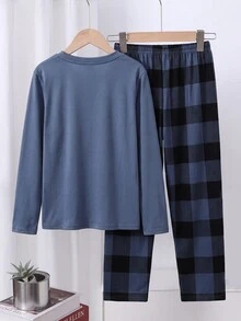 Teen Boys Spring/Autumn Long Sleeve Loungewear Set, Solid Color Crew Neck Long Sleeve Top With Plaid Pants, Casual Pajamas Autumn/Winter - Multicolor - View 3