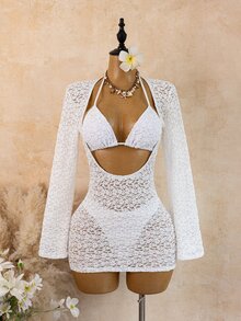 SHEIN Swim 復古波點度假風女款三件式比基尼套裝，黑色配白色波點印花，掛脖三角上衣附後綁帶，配套三角泳褲與透視網紗罩衫，復古香港風，適合夏季海灘度假島嶼派對，性感吸睛拍照穿搭 - 白色 - 查看 5