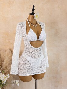 SHEIN Swim 復古波點度假風女款三件式比基尼套裝，黑色配白色波點印花，掛脖三角上衣附後綁帶，配套三角泳褲與透視網紗罩衫，復古香港風，適合夏季海灘度假島嶼派對，性感吸睛拍照穿搭 - 白色 - 查看 7