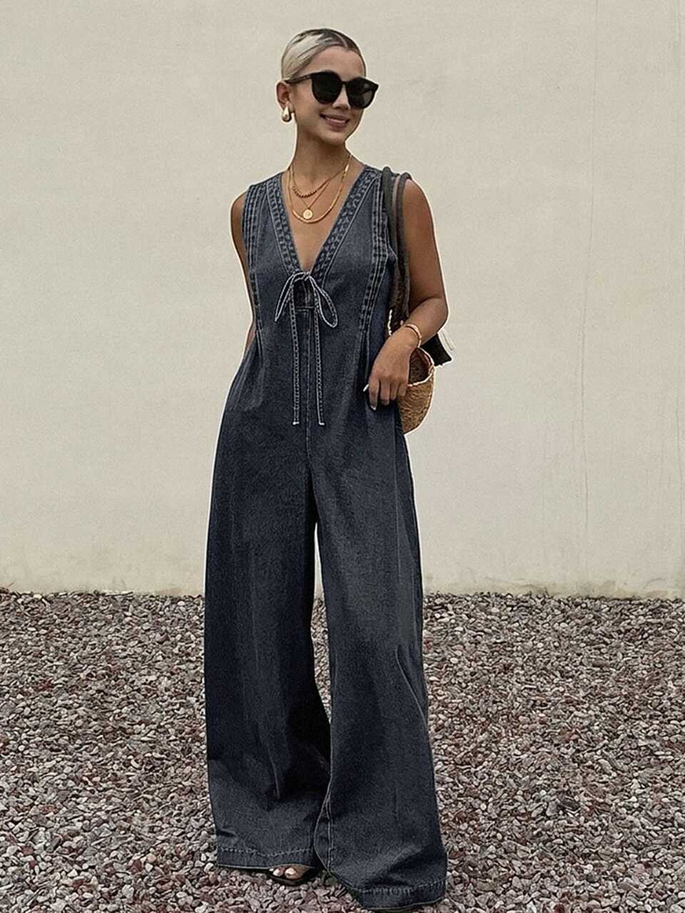 Summer Blue Loose Casual Wide Leg Pants With Drawstring Street Outdoor Women's Denim Overalls