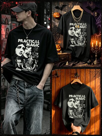Resyla Men Vintage Short Sleeve T-Shirt, American Dark Witch Horror Movie Black Top, Classic Black Base With Vintage Rock Print, Comfortable, Loose Fit For Men And Women, Must-Have For Horror Movie And Vintage Subculture Enthusiasts, Suitable For Daily Wear And Halloween Outfits, City Street Outings, Halloween Parties