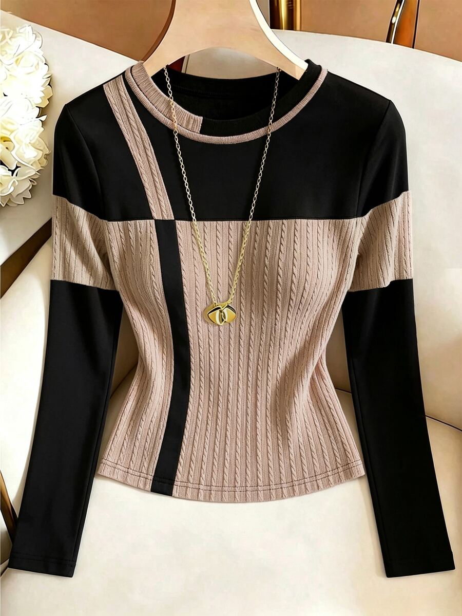 SHEIN Franclia French-Style Elegant Color-Matching Patchwork Round-Neck Knitted Top With Vertical Stripes And Twisted Texture At The Waist, A Short Sleeve T-Shirt Wi
