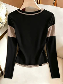 SHEIN Franclia French-Style Elegant Color-Matching Patchwork Round-Neck Knitted Top With Vertical Stripes And Twisted Texture At The Waist, A Short Sleeve T-Shirt Wi - Multicolor - View 3