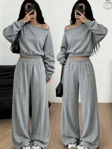 Teen Girls Fall Outfits Fall Hoodie & Sweatshirt Co-Ords, Holiday Outfits, Casual, Comfortable, Daily, Cute Autumn Winter - Grey - View 1